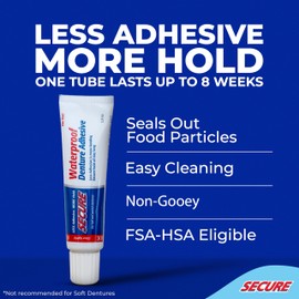 Secure Denture Adhesive Cream for Uppers, Lowers & Partials – Waterproof Seal & Zinc Free – Food Grade Ingredients - Less Adhesive, More Hold - Tube Lasts Up to 8 Weeks - 1.4 oz (5 Pack)