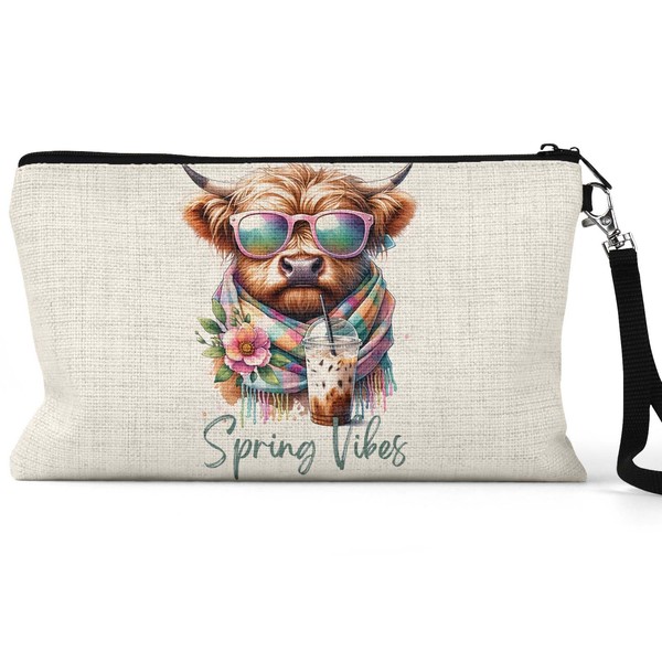 The Painted Pug Spring Vibes Highland Cow Wristlet Bag Canvas