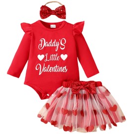 Yaopelky Newborn Baby Girl Valentine's Day Outfit Romper Tutu Dress with Headband Toddler Glitter Heart Print Clothes Skirt (Red, 12-18 Months)