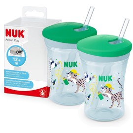 NUK Action Cup Drinking Cups for Children in Practical Double Pack | 12+ Months | 230 ml | Twist Lid with Soft Straw | Leak-Proof | BPA-Free | Green | Pack of 2