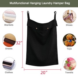 HSOFTIFY Linen Hanging Laundry Hamper Bag, 100% Linen Over The Door Laundry Hamper with Buttons and Zipper, Space Saving Door Hampers for Laundry Dirty Clothes Home Travel, Black