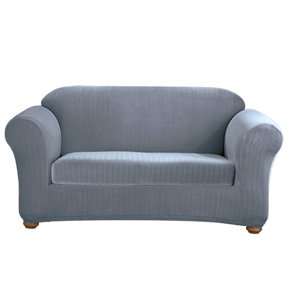 SURE FIT Stretch Pinstripe Box Cushion Loveseat Two Piece Slipcover, Form Fit, Polyester/Spandex, Machine Washable, French Blue Color