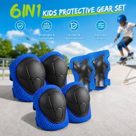 Lafefe 6PCS Blue Kids Protective Gear Set Knee Elbow Wrist Pads, Lightweight Breathable Mesh & Hard Shell, Adjustable Straps Safety Pads S Size for Roller Skating Cycling Skateboard
