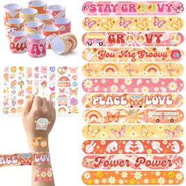 INCOK Groovy Party Favors Decorations Set - 56 Pcs Retro Hippie Slap Bracelets and Retro Boho Rainbow Temporary Tattoos Stickers Gift Bags Filler for 60s 70s Boho Themed Birthday Party Decor Supplies