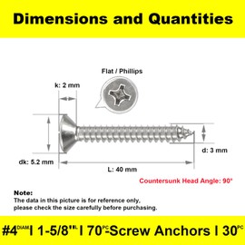 M3 Self Tapping Screws,Stainless Steel Wood Screws,Phillips Flat Head Screw,M3*40mm 70 Pieces And 30 Pieces Screw Anchors for Furniture, Woodworking, DIY Model Fixing.