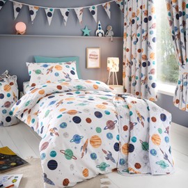 Happy Linen Company Girls Boys Kids Cosmic Planets White Toddler Cot Bed Reversible Soft Easy Care Bed Linen Duvet Cover Quilt Bedding Set With Pillow Case