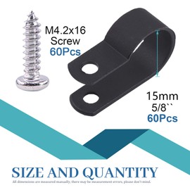 Glarks 60Pcs 5/8 Inch Black Nylon Screw Mounting R-Type Cable Clip Wire Clamp with 60Pcs Screws for Wire, Cable, Conduit and Cable Conduit Kit (Black)