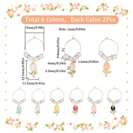 SUNNYCLUE 1 Box 12 Sets Wine Glass Charms Drink Identifiers Wine Glass Markers Enamel Spring Floral Tulip Flower Charms Imitation Pearl Beading Hoops Wine Glass Identication Rings for Party Pavor