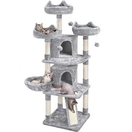 Topeakmart Large Cat Tower Cat Tree with Caves Condos, Platforms Scratching Board & Scratching Posts as Cat Activity Center, Pet Play House, Light Gray