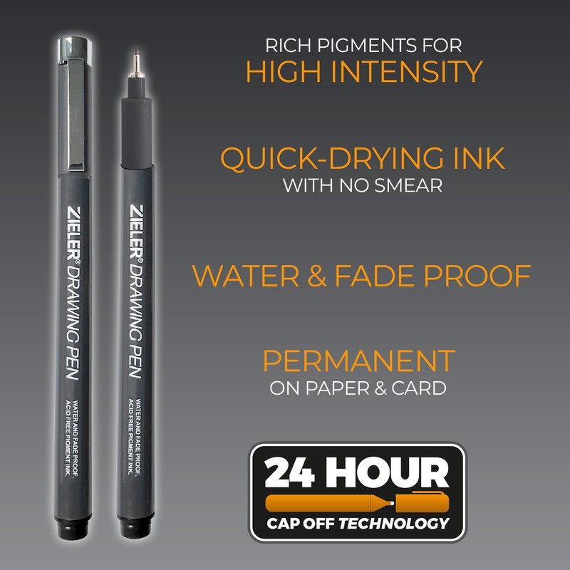 Zieler 12 Fineliner Drawing Pens | 8 Black, 2 Grey