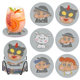 MOGTAA 6 Pieces Diamond Painting Coasters with Holder, 5D Diamond Art Painting Cartoon, Diamond Painting Set Pictures Adults Children, Diamond Cup Coasters with Cork, for Home Decor