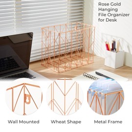 Y YOMA 1 Pack Rose Gold Hanging File Folder Organizer, 12 Pack Extra Capacity Hanging File Folders Letter Size Metal File Kit Accordion Decorative File Folder Filing Basket for Desk, Assorted Color