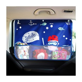 Sandfren Car Window Shade, Vehicle Sunshade Curtain with Storage Pockets & Suction Cups for Baby, Cartoon Pattern Auto Interior Heat Sun Protection Cover, Universal for Sedan Trucks (Diving Pirates)