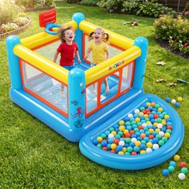 AKEYDIY Bounce House for Kids 3-6, Small Inflatable Bounce House PVC with Basketball Hoop & Hopscotch Game for Indoor/Outdoor Play (Small Bounce House with Ball Pit)