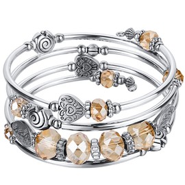 PEARL&CLUB Bead Crystal Wrap Bangle Bracelet - Fashion Jewelry Beaded Bracelet with Silver Metal, Gifts for Women, 2.4 inch, Crystal Glass Metal pearl Resin