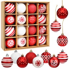 16Pcs Christmas Baubles, 6CM Christmas Tree Decorations Set Christmas Tree Hanging Balls for Christmas Tree Holidays Home Xmas Party Decoration (Red and White)