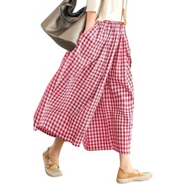 LOMON Womens Wide Leg Capri Pants Cotton Gingham Plaid Culottes Summer Elastic Waist Palazzo Trousers Bottoms with Pockets (Red White Plaid, S)