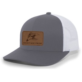 Heritage Pride Flying Duck Engraved Leather Patch Mens Trucker Hat Baseball Cap, Charcoal/White