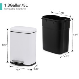 GAOMON Bathroom Trash Can with Lid, Stainless Steel Kitchen Trash Can with 5 Liter, Soft Close Step-On Pedal, Fingerprint-Resistant Finish for Kitchen or Bathroom, White