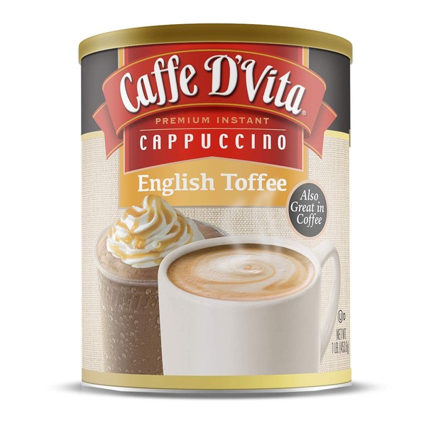 Caffe D’Vita English Toffee Cappuccino Mix - Instant Cappuccino Mix, Gluten Free, No Cholesterol, No Hydrogenated Oils, No Trans Fat, 99% Caffeine Free, Flavored Instant Coffee - 1 Lb Can, 6-Pack
