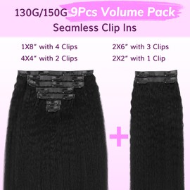 IDN BEAUTY Seamless Clip In Hair Extensions Human Hair, Kinky Straight 14 Inch Natural Black Seamless Clip Ins For Black Women PU Weft Invisible Edge Soft Thick Ends 130g 9pcs