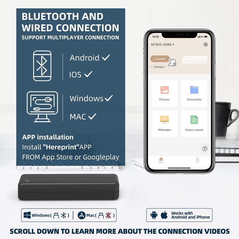 HPRT Wireless Portable Printer - Bluetooth Thermal Printer for Travel,