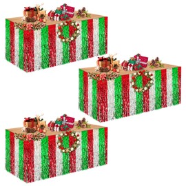 3 Pack Christmas Table Skirt Christmas Party Decorations, Red Silver and Green Wavy Metallic Tinsel Foil Fringe Table Skirt for Rectangle & Round Tables, Xmas Table Decorations for Ugly Sweater Party