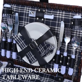 Neti Neti Wicker Picnic Basket for 4 with Insulated Cooler & Waterproof Blanket - Handwoven Luxury Outdoor Set with Ceramic Plates, Perfect for Beach, Camping & Romantic Getaways