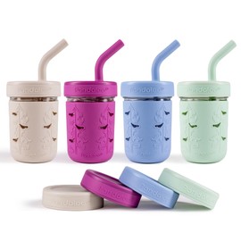 Pandaloo® Mason Jar Toddler Cup - 8 oz Spill-Proof Glass Tumbler with Silicone Straw and Lid, Non-Slip Sleeve, BPA-Free Toddler Snack Cups - Perfect Smoothie Cups with Lids and Straws for Kids