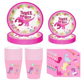 Pink Dinosaur 3rd Birthday Party Supplies 3 rex Birthday Decorations for girl include 40pcs Dinosaur Paper Plates,20pcs Cups,20pcs Napkins Dinosaur Birthday Decorations