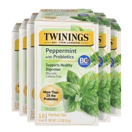 Twinings Superblends Peppermint with Probiotics Herbal Tea, 18 Count (Pack of 6), Naturally Caffeine-FreeEnjoy Hot or Iced, 96 Teabags
