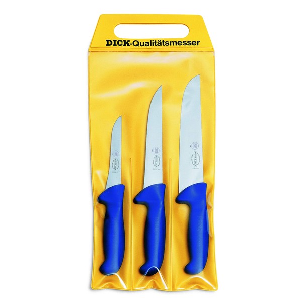 F. DICK ErgoGrip 8255300 Knife Set 3 Pieces (Boning Knife 13 cm, Bar Knife 18 cm, Block Knife 21 cm, HRC 56°) Blue