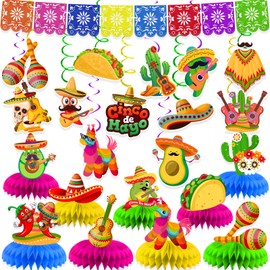 AinDen Fiesta Party Decorations, Mexican Fiesta Party Supplies Includes Banner, Hanging Swirl, Honeycomb Table Centerpieces