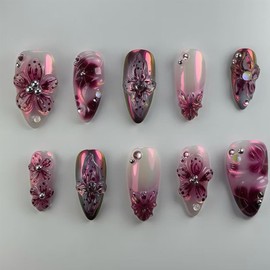 Summer Flower Press on Nails Medium Almond Fake Nails with Rhinestones Designs Full Cover Glue on Nails Artificial 3D Nails Press ons Red Acrylic Nails Reusable Handmade False Nails for Women 24Pcs