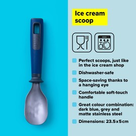 Tasty Everyday Ice Cream Scoop, Ice Cream Portioner, Stainless Steel Ice Cream Scoop Spoon, Non-Stick Ice Cream Scooper with Soft-Touch Handle, Colour: Dark Blue, Grey and Stainless Steel