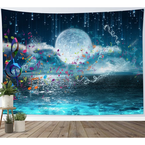LB Turquoise Ocean Tapestry Music Symbols Full Moon Tapestry Wall Hanging Night Scenery Tapestries for Living Room Bedroom Dorm Wall Decor,92x70 inch