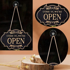 DWUENT Open Closed Sign - Black Background with Golden Font,20cmx30cm Minimalist Geometric Design, Double Side Hanging Sign, Rounded Edges for Safe Use,Printed on Durable Material for Shop Window