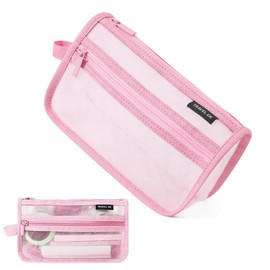 Pencil Case Transparent Large Capacity Pen Case with Handle and Zipper Clear Double Layer Pencil Case Mesh Pencil Case Travel Cosmetic Bag Cute Transparent Stationery for Girls Boys Adult Office