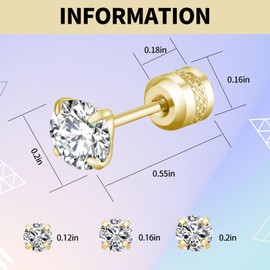 Diamond Stud Earrings Set for Women Teenage Girls, 3/4/5MM CZ Flat Back Hypoallergenic Helix Stud Earrings for Girls, Stainless Steel Cartilage Earrings Set for Teen Girls
