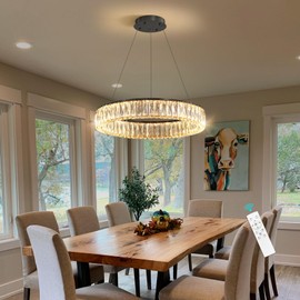 HAIXIANG Modern Crystal Chandelier Dimmable LED 16 Inch Ring Pendant Lights Adjustable Glam Chandeliers Lighting Fixtures for Dining Room Living Room Bedroom Black Light