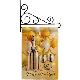 Ornament Collection Golden New Year Garden Flag Set Wall Holder Winter Clock Countdown Champagne Party Fireworks Celebrate House Decoration Banner Small Yard Gift Double-Sided, Made in USA