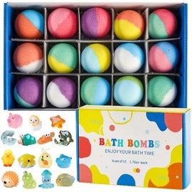 Bath Bombs for Kids with Surprise Toy Inside, 15pcs/box Kids Bath Bombs Gift Set, Natural Organic Kids Bubble Bath Fizzy with Bath Toys, Gifts for Kids