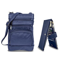 Krediz Leather Crossbody Long over the Shoulder Sling Bag for Women with RFID Bifold Wallet-Soft Purse Gift (Navy)