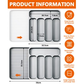 ZLPBAO Cutlery Holder, Expandable Utensil Holder for Drawer, Adjustable Cutlery Tray, Compact Cutlery Tray for Drawers Made of Plastic for Spoons
