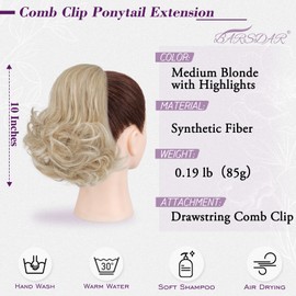 BARSDAR Short Blonde Drawstring Ponytail - 10 Inch Wavy Comb Clip Ponytail Extensions for Women - Synthetic Clip in Ponytails Hairpieces Fake Pony Tails Daily - Medium Blonde with Highlights