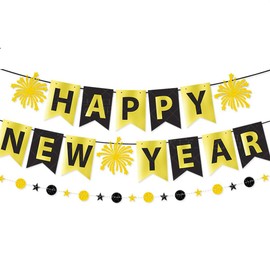 Gold Black Happy New Year Decoration Bunting Banner,Glitter Round and Star Garland Streamer Banner Sparkle Golden Firework New Year Bunting 2025 New Years Eve Party Decoration for New Year Party