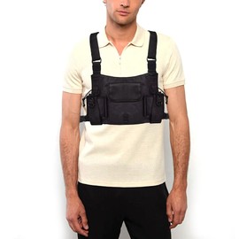 Chest Rig Harness, Front Pack Pouch Holster Vest Rig Bag Walkie Talkie Case Carry Holder Adjustable Shoulder Strap Accessories for Outdoor Hands Free(Big Black Pocket)