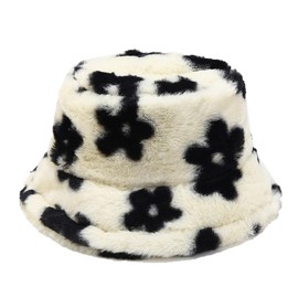 Quanhaigou Winter Faux Fur Bucket Hat,Fuzzy Warm Hat for Women Men, Fluffy Fisherman Cap (Floral Black)