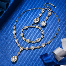 EleQueen Women's Cubic Zirconia Teardrop Floral Wedding Bridal Y-Necklace Set Tennis Bracelet Dangle Earrings Clear Silver-Tone