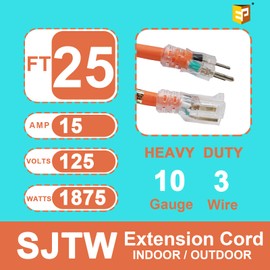 EP 25 Ft Lighted Outdoor Extension Cord - 10/3 SJTW Heavy Duty Orange Extension Cable with 3 Prong Grounded Plug for Safety, UL Listed